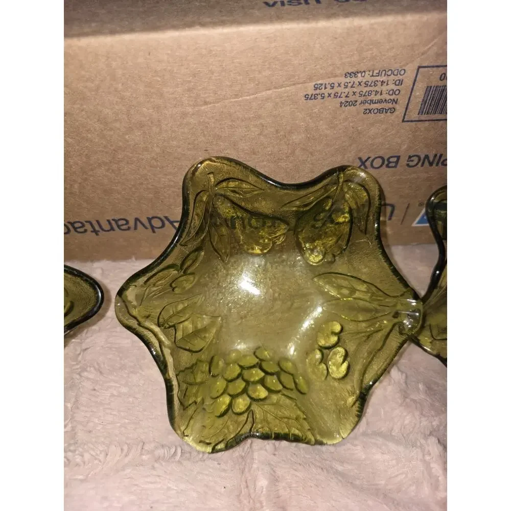 Rare Hazel Atlas Fruits Green Glass Bowls Set 5 Grapes Pears Vintage MCM USA